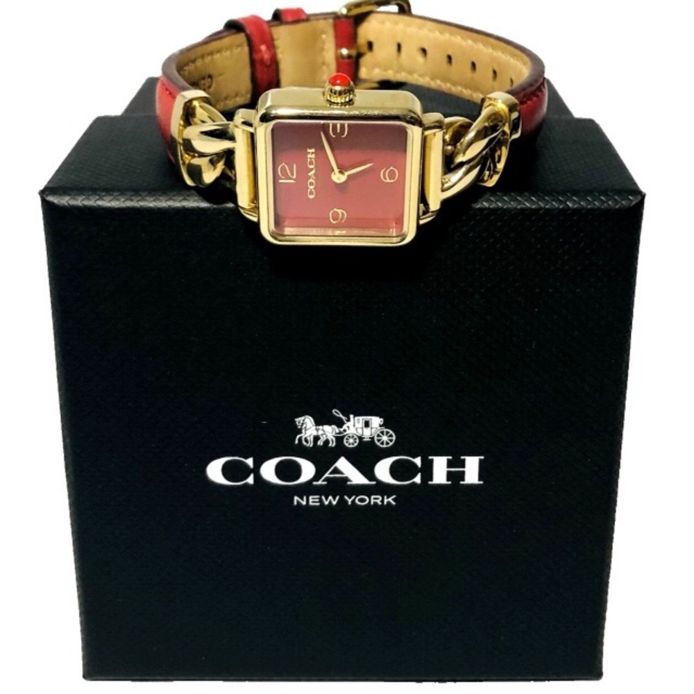 Coach Cass Square Watch Red Lacquer Dial Chain and Ted Leather Band with Box